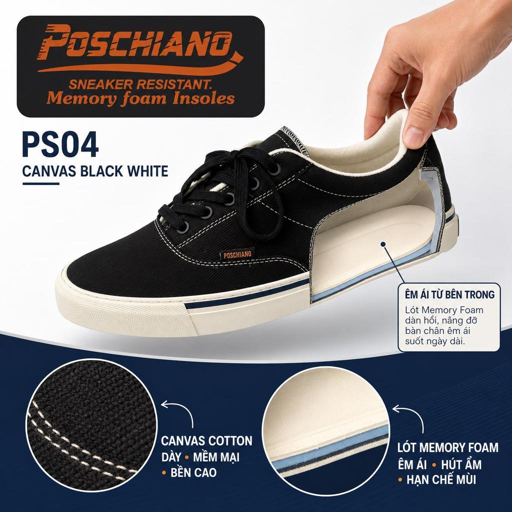 [PS04 Canvas Black White] Giày Sneaker - Poschiano - NAM - NỮ Chống trơn trượt  - Vải Canvas Cao Cấp - Đế Cao Su Crepe  | BigBuy360 - bigbuy360.vn