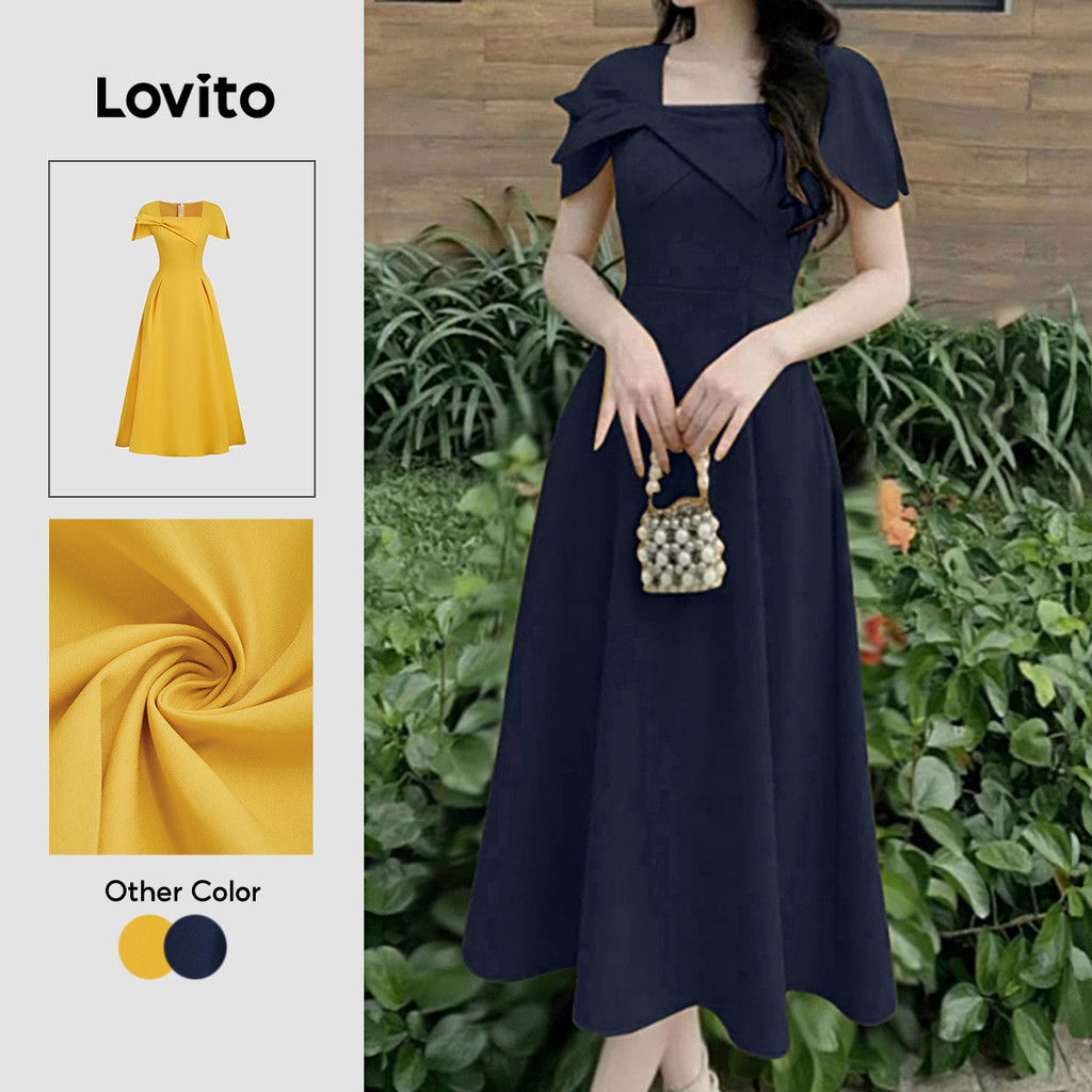 Lovito Đầm thanh lịch bất đối xứng xuân/hè màu xanh dành cho nữ L154ED564