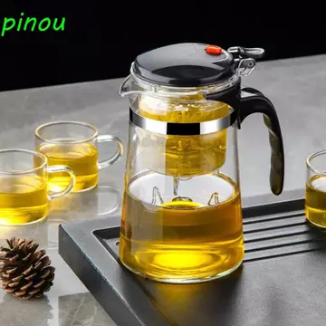 Ấm trà thủy tinh chịu nhiệt LONGQIYING, Ấm trà tách lọc trà bền trong suốt, Ấm đun nước Ấm trà lọc một nút dày tiện lợi Ấm trà gia đình