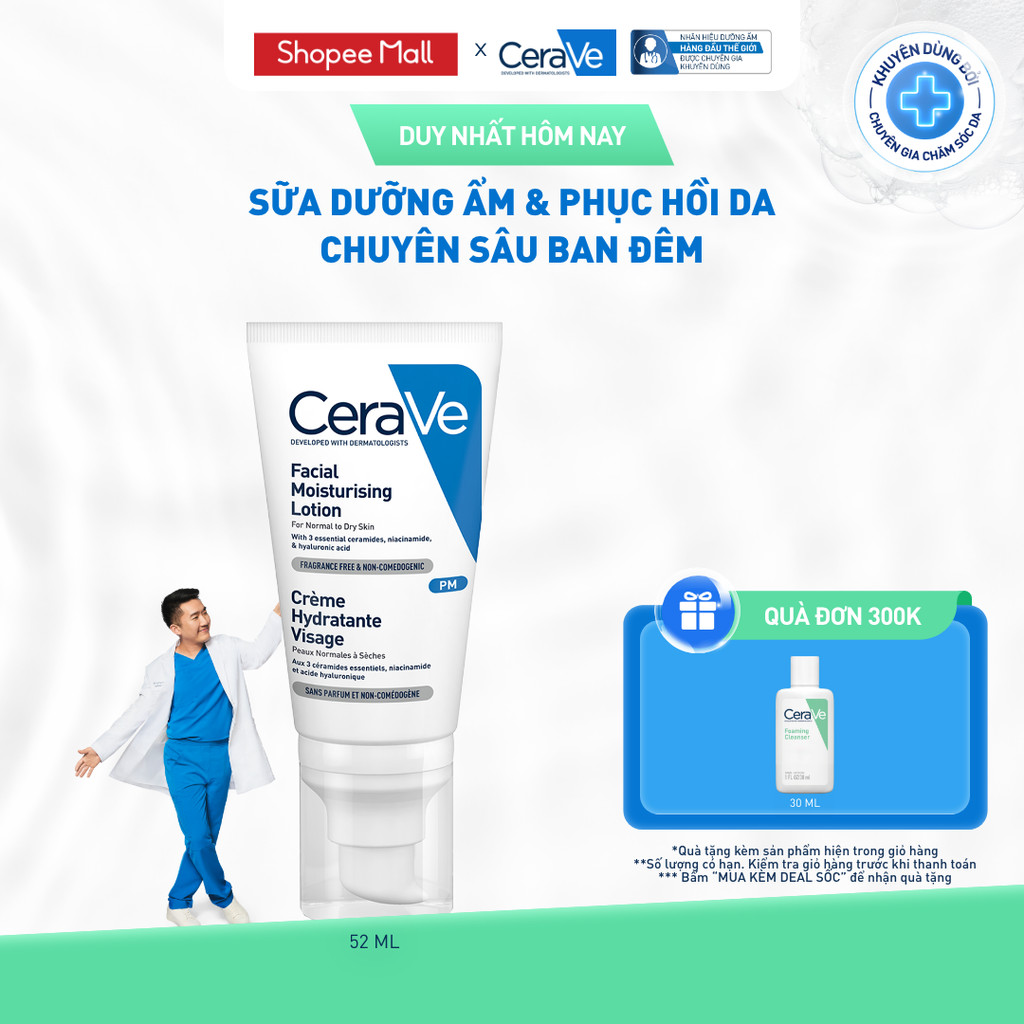 Sữa dưỡng ẩm phục hồi sâu và giữ da ẩm mịn, duy trì hàng rào bảo vệ da ban đêm CeraVe PM Facial Moisturising Lotion 52ML | BigBuy360 - bigbuy360.vn