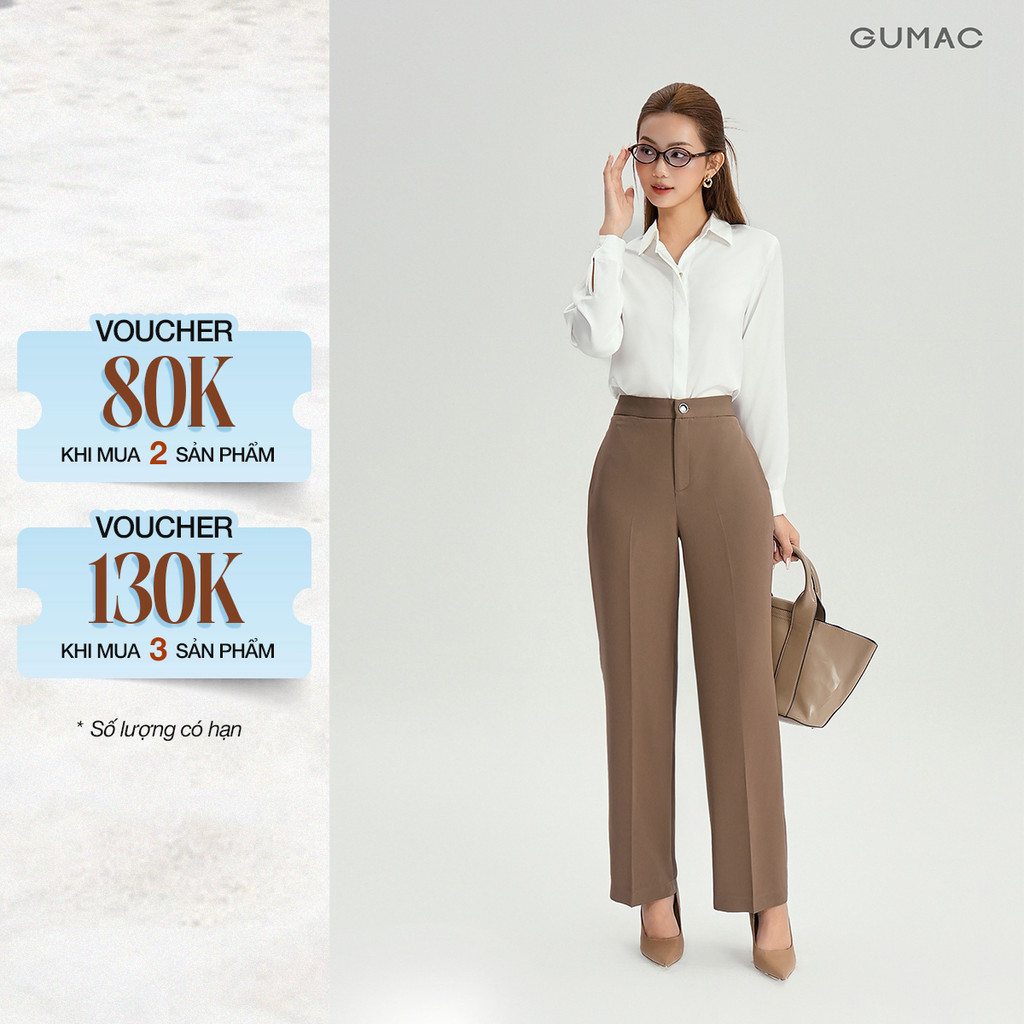 [NHẬP OUTLETLP20 GIẢM 20%] Quần Ống Suông Nữ 98cm GUMAC Lưng Cao Chất Cotton Công Sở Dáng Dài Cạp Cao Loe Nhẹ QE04001