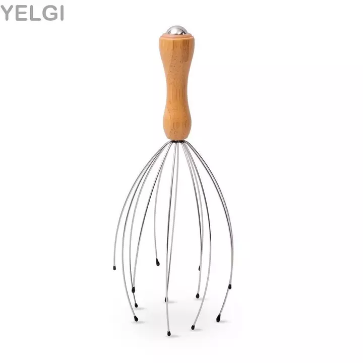 Máy mát xa đầu YELGI, Tay cầm bằng gỗ Máy mát xa da đầu dây kim loại linh hoạt, Đầu tròn tiện lợi Tám khung móng vuốt Đầu mịn Công cụ thư giãn da đầu tại nhà Giảm căng thẳng