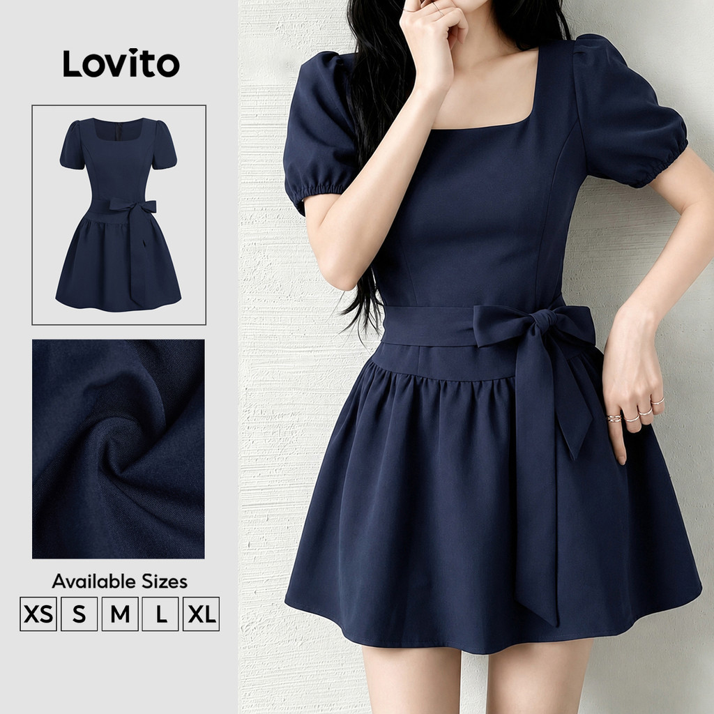 (New Arrival) Lovito Đầm thường buộc dây mùa xuân/hè màu xanh navy cho nữ DRB203TD008