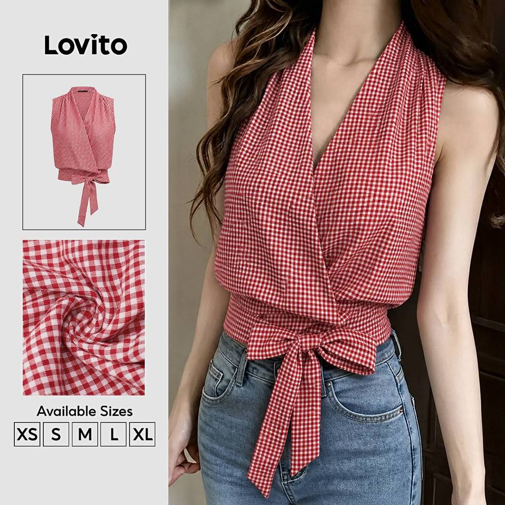 Lovito Áo Kiểu Dáng Thường Ngày Thập Niên 90 Họa Tiết Hình Học Thắt Nơ Phía Trước Màu Đỏ Dành Cho Nữ Thích Hợp Cho Mùa Xuân/hè TKK9P1D802