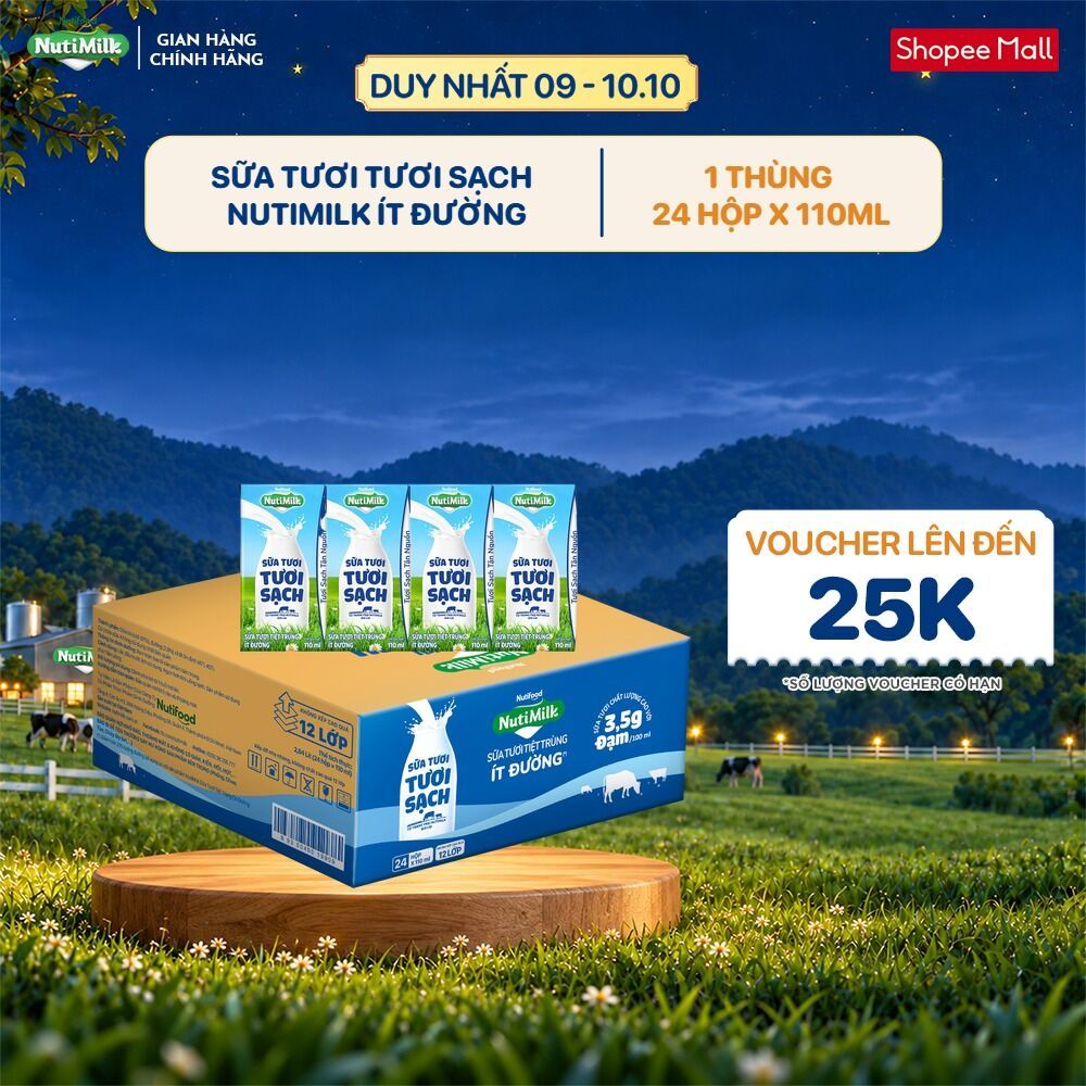 Thùng 24 Hộp Sữa Tươi Tươi Sạch NutiMilk Ít Đường Hộp 110ml