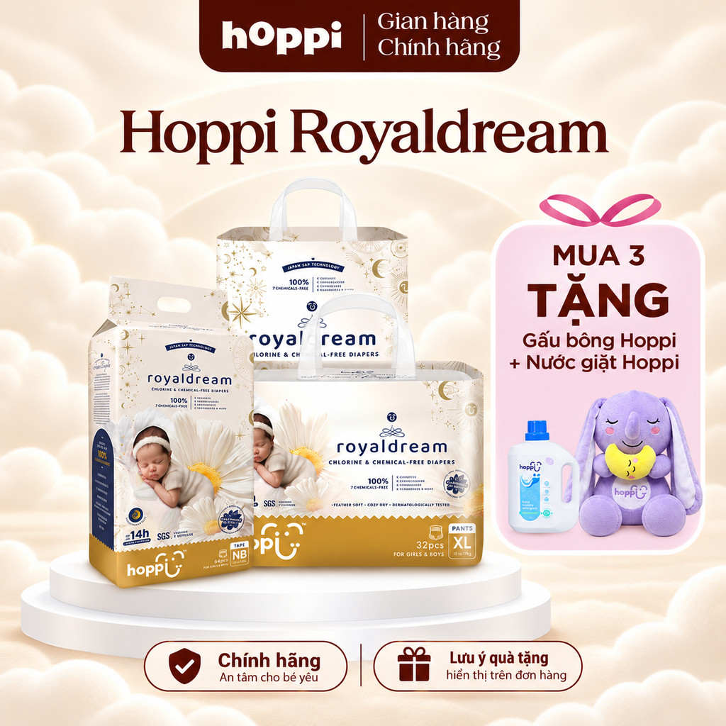 [Chính Hãng][Mua 3 Tặng Quà][Bỉm Chuẩn Singapore] x1Tã/Bỉm Dán/Quần Hoppi Royaldream Hút Đêm 14H, Chống Hăm Đủ Size[M3]