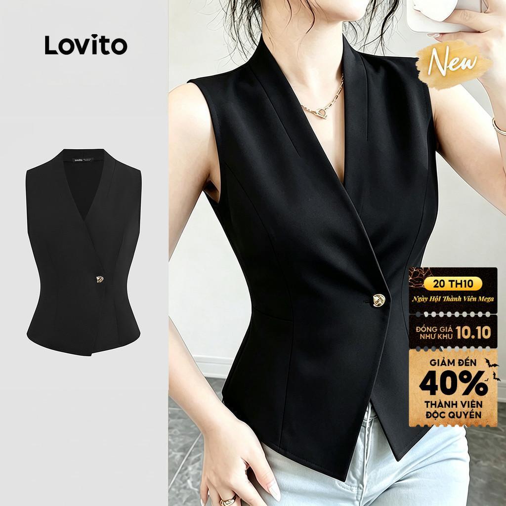 Lovito Áo nữ đen thời trang xuân hè nút bất đối xứng thanh lịch LK7ED563