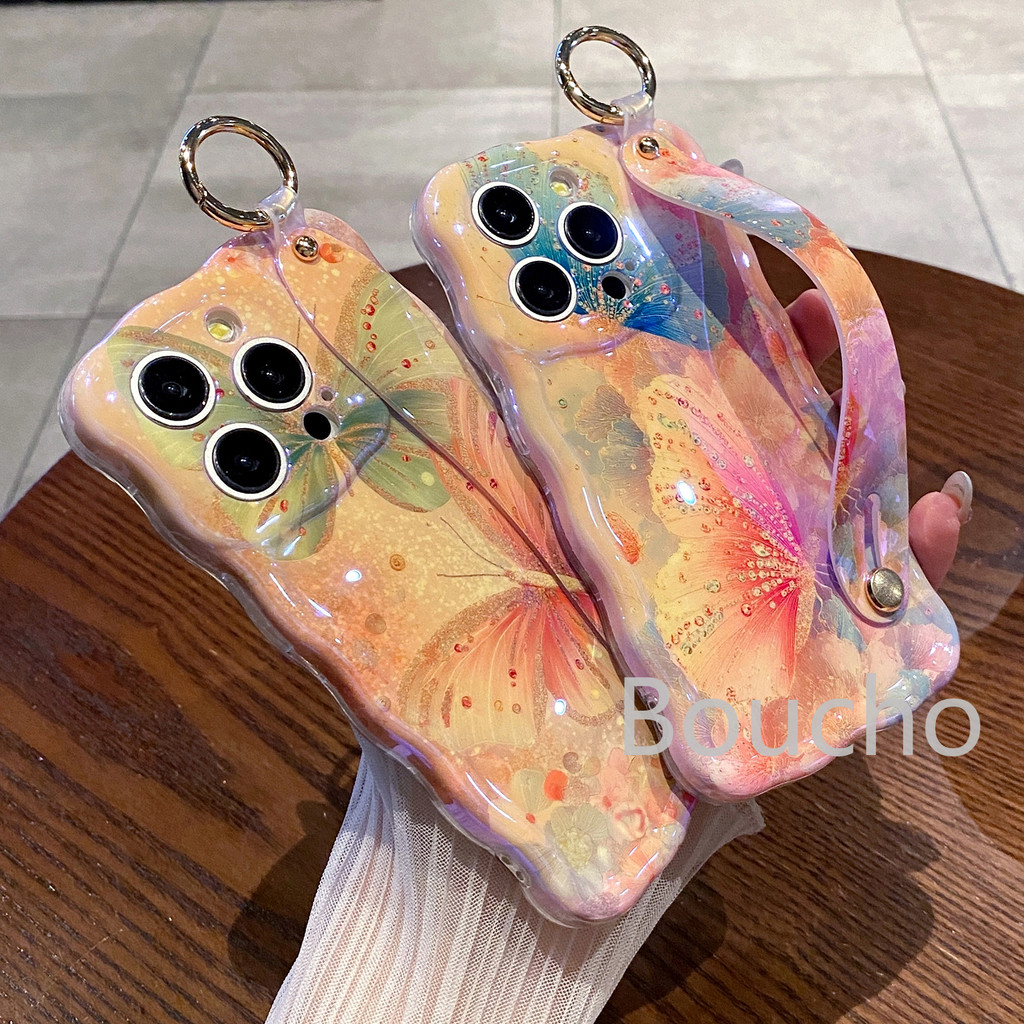 Dây Đeo Tay Ốp Điện Thoại Cho iPhone 17 Pro Max 16 15 14 plus 13 12 Pro Max 16e Tranh Dầu Bướm Vỏ Cho iPhone Air 11 Pro Max 12promax IMD Ốp Lưng Chống Sốc Khung Sóng