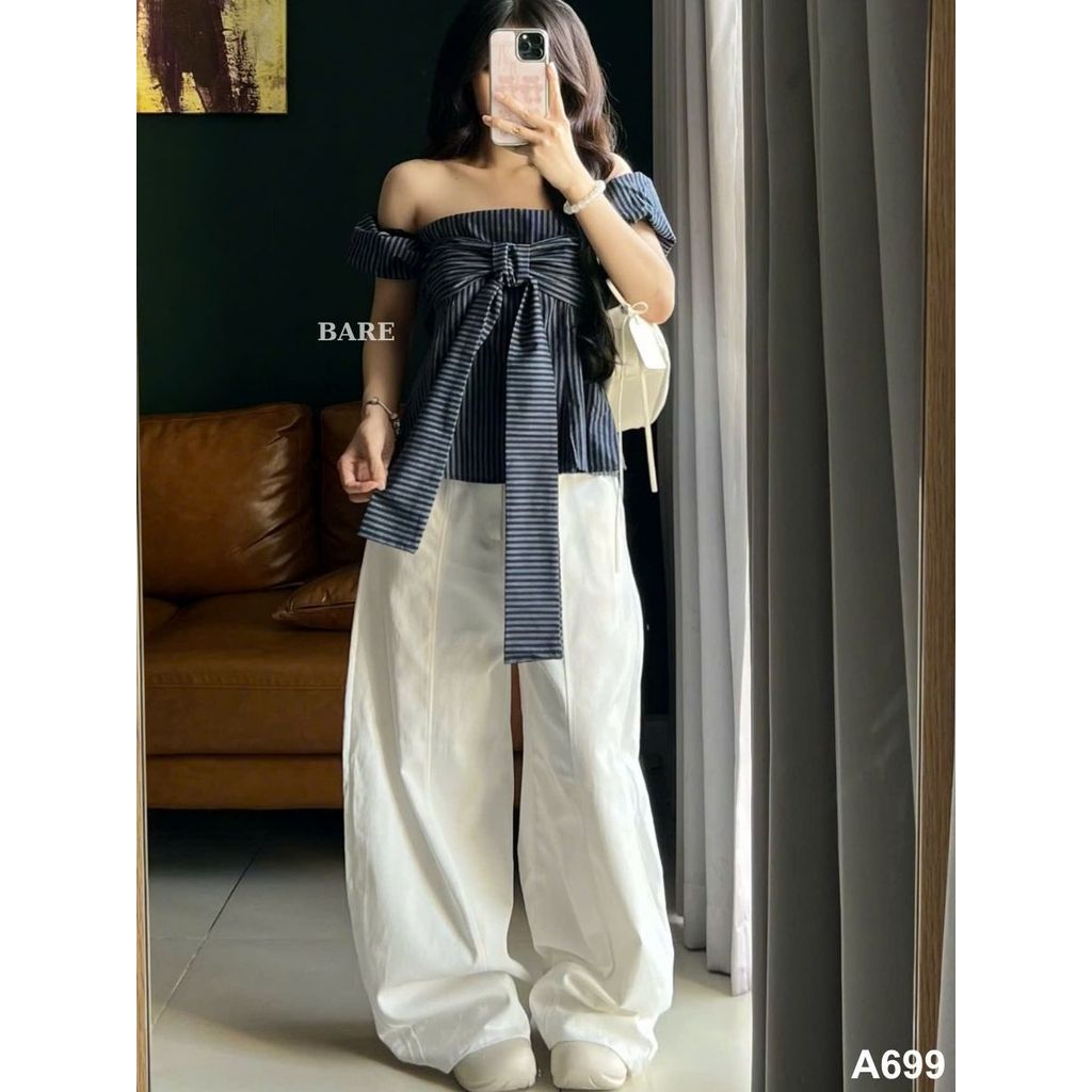 Áo kẻ trễ vai thắt dây ngực chiết eo tay bo chun mặc được nhiều kiểu (có cúc tháo rời) IVORY TOP_A699
