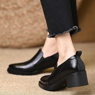Giày Cao Gót Nữ Mũi Nhọn Dày Gót Miệng Sâu Slip On Thời Trang