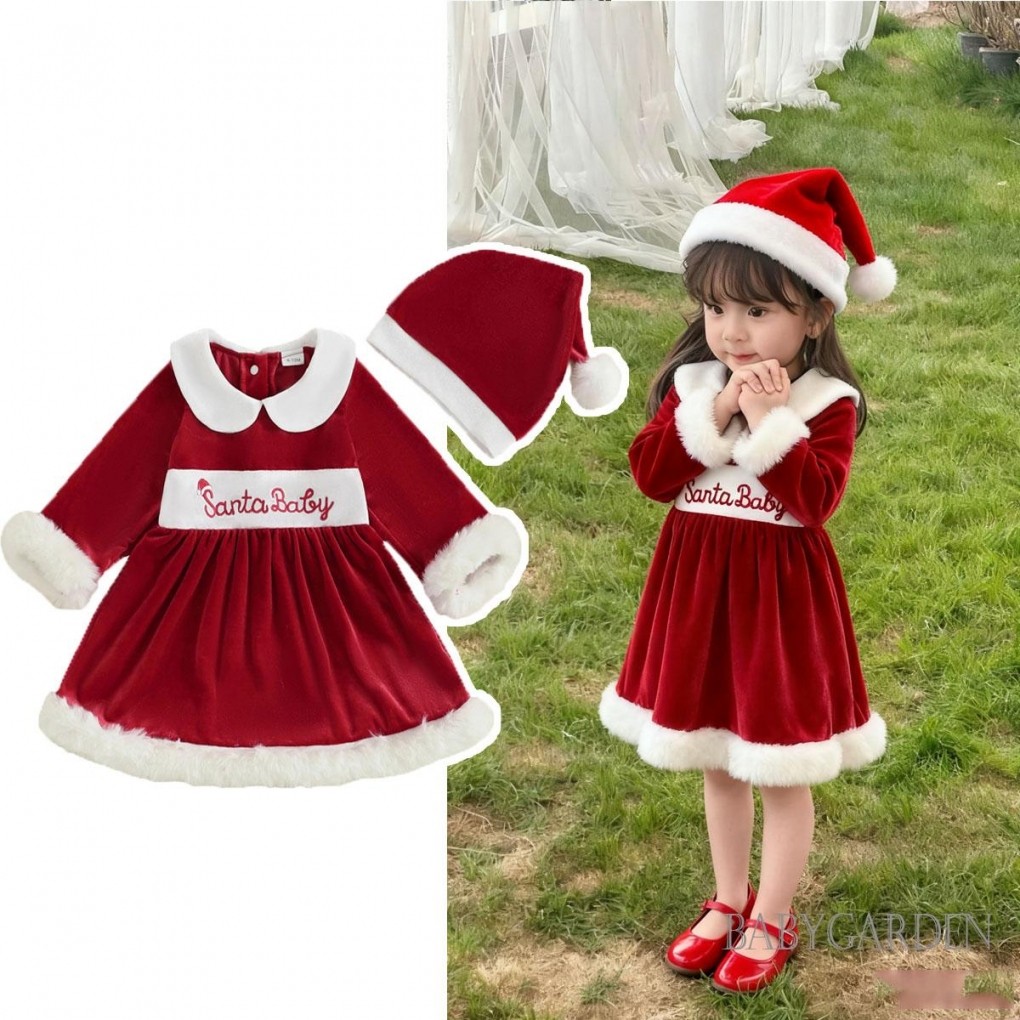 6M-4Y Bé Gái Trang Phục Giáng Sinh Fuzzy Viền Cổ Búp Bê Dài Tay Nhung Đầm Và Mũ Ông Già Noel