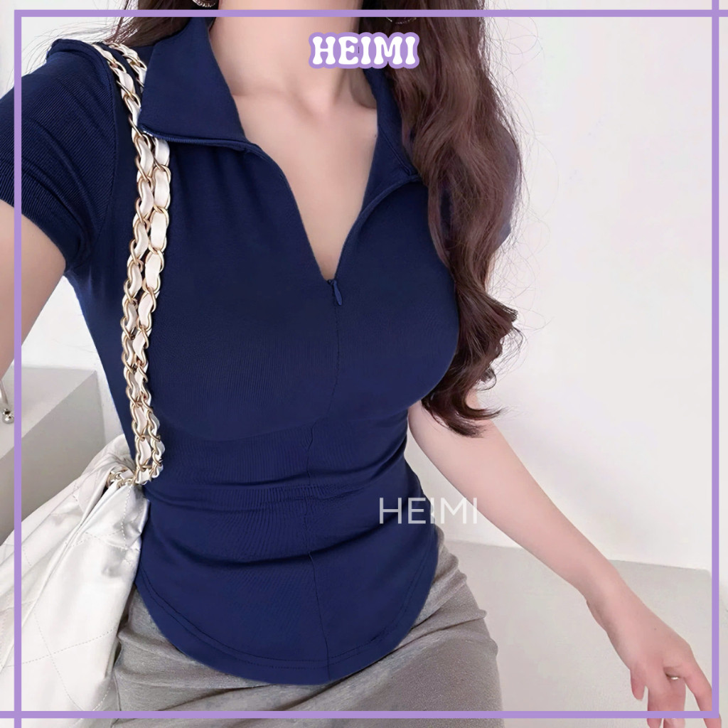 Áo Thun Nữ Cổ Bẻ Phối Dây Kéo Form Ôm Body Chất Vải Thun Cotton Mịn Co Giãn HEIMI