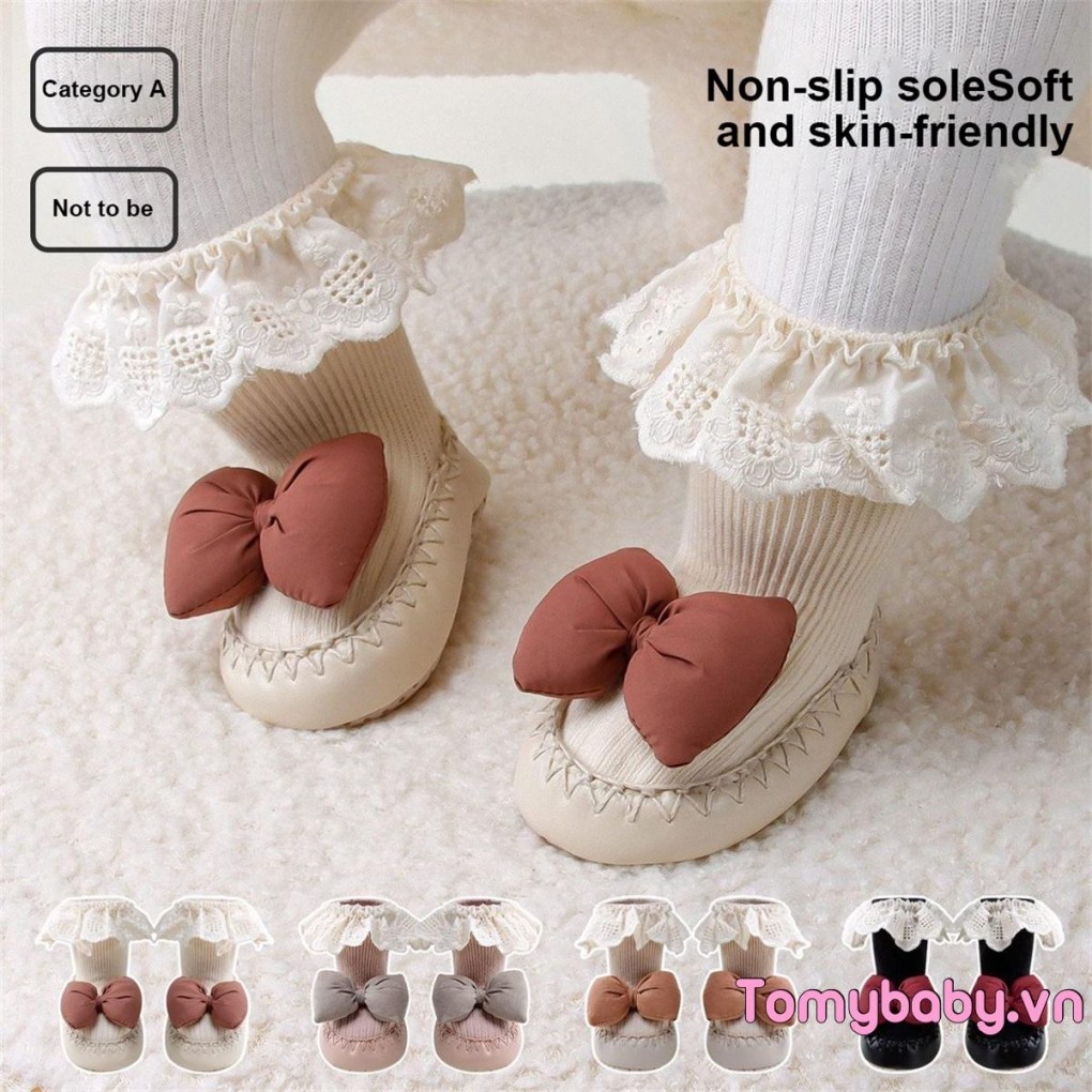 Giày Dệt Kim Cho Bé Nơ Dễ Thương Ren Trang Trí Đế Mềm Đầu Tiên Đi Bộ Thoải Mái Trong Nhà Booties