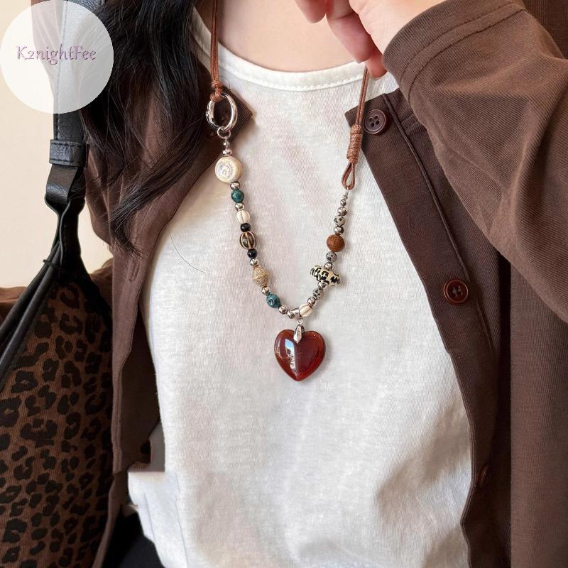 K2nightFee Phong Cách Dân Tộc Handmade Vòng Cổ Gốm Cho Nữ Áo Len Dây Xích Có Thể Điều Chỉnh Trái Tim Mặt Dây Chuyền Đính Hạt Vòng Cổ Trang Sức VN