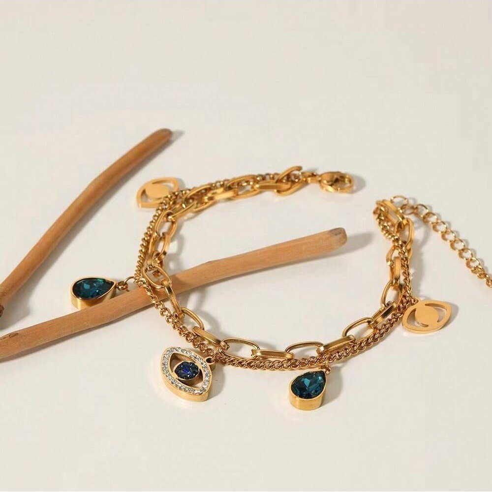 Vòng đeo tay mắt quỷ bằng thép titan mạ vàng 18K Nữ kim cương xanh phù hợp chống phai màu không gây dị ứng