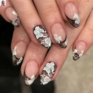 24 Cái French Press on Nails với hoa trắng 3D và ren đen, Móng tay giả bằng nhựa có thể tái sử dụng cho phụ nữ và bé gái, Móng tay giả nhân tạo cổ điển để mặc tiệc cưới