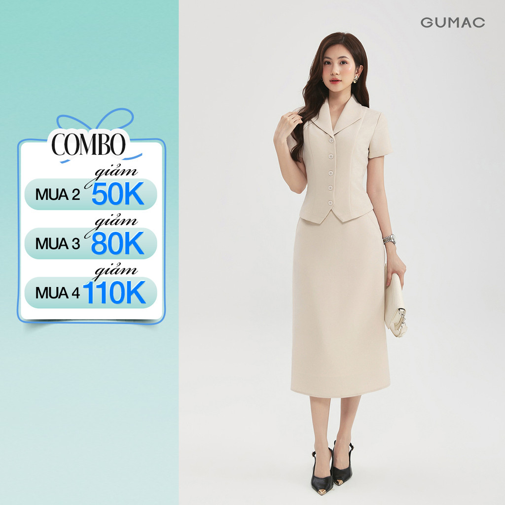 [Size S - XXL] Set lẻ Áo nữ GUMAC peplum cổ sam tay ngắn tôn dáng LAG0106 - Chân váy nữ GUMAC dáng A một lớp LVG0105