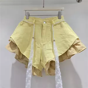 Quần short denim và kẻ sọc màu kẹo cạp cao Thiết kế dáng rộng hơn Quần short denim