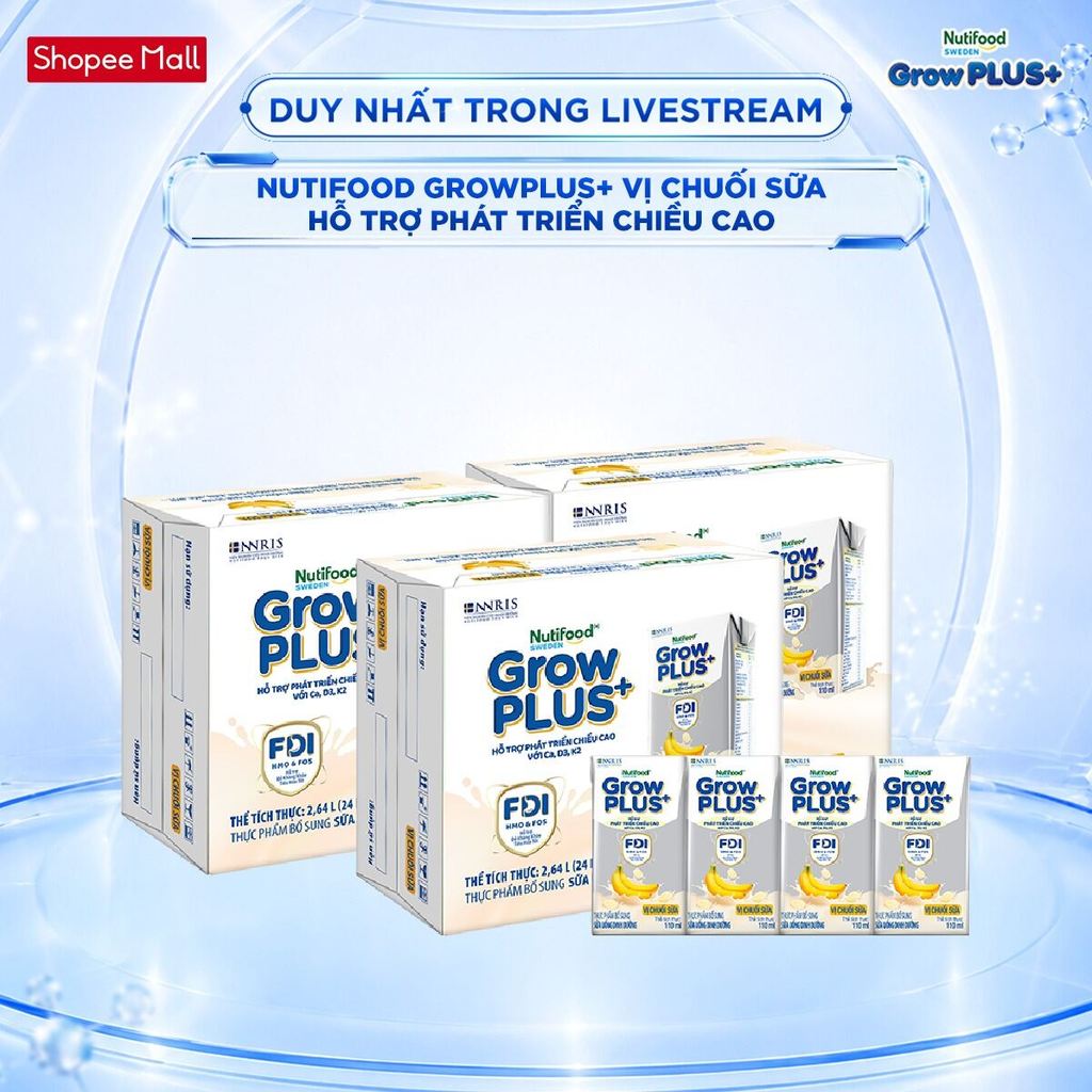 [Livestream KOL] Combo 3 Thùng 24 hộp Sữa bột pha sẵn Nutifood Sweden GrowPLUS+ Vị Chuối Sữa hộp 110ml Trên 1 tuổi