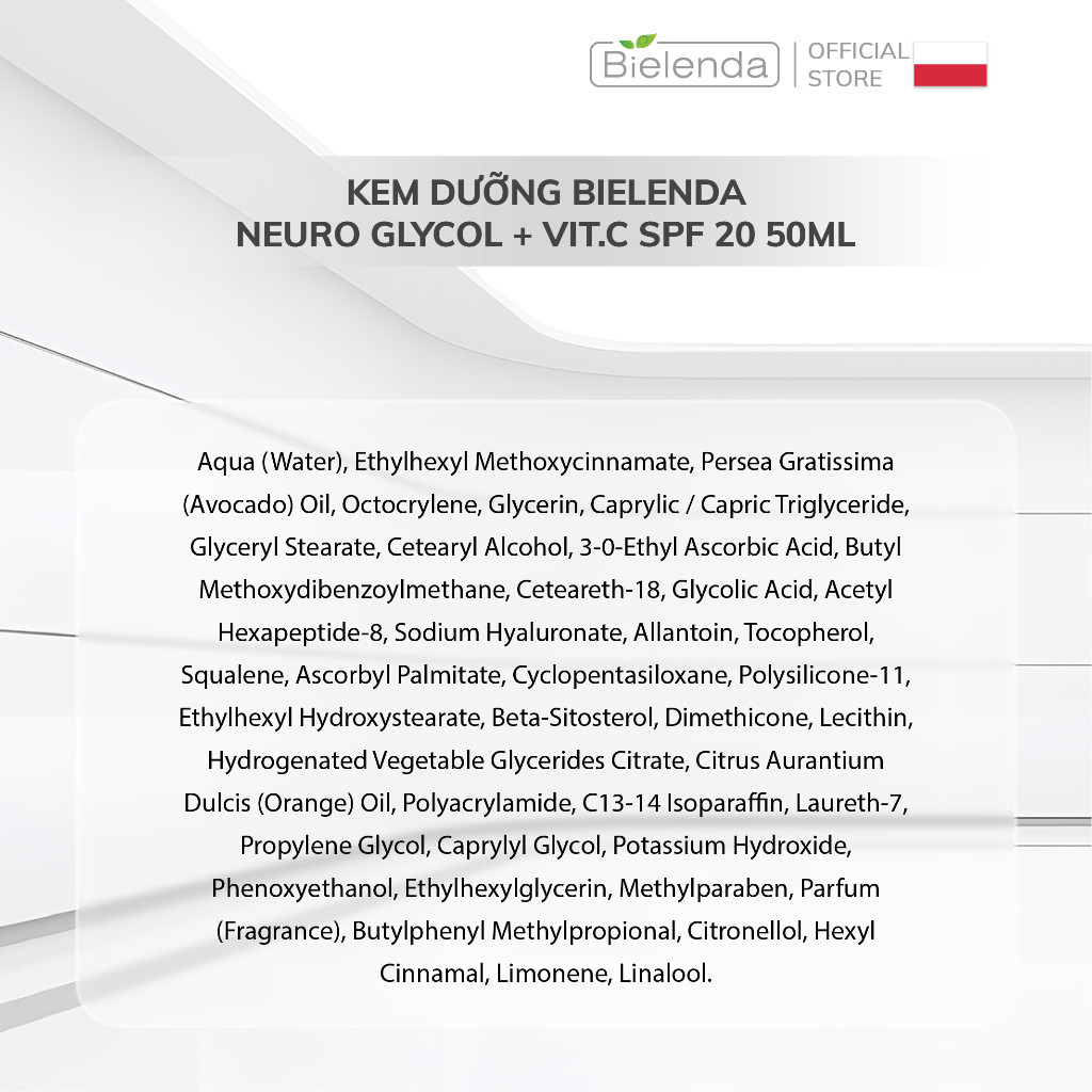 Kem dưỡng Bielenda Neuro Glycol + Vit.C SPF 20 dưỡng trắng da và trẻ hoá da ban ngày 50ml