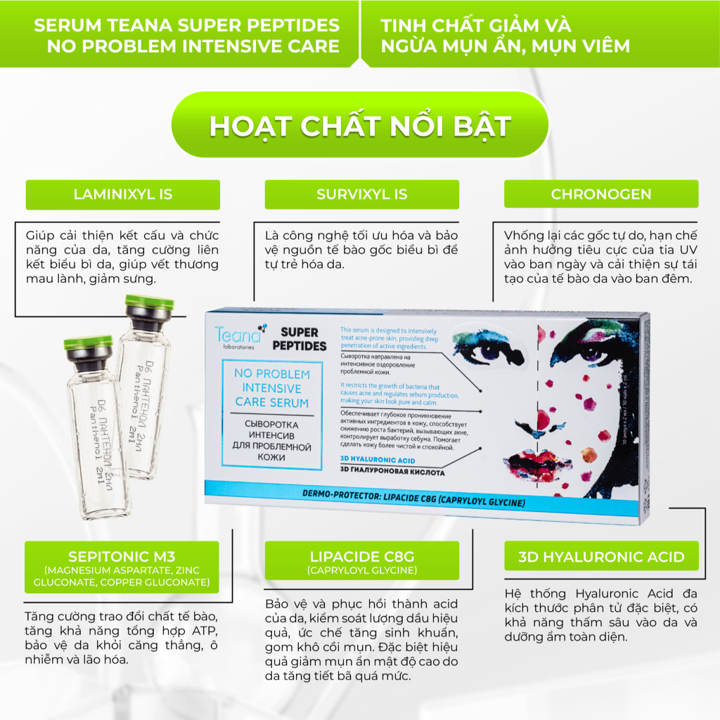 Serum Teana Super Peptides No Problem Intensive Care giảm và ngừa mụn ẩn, mụn viêm 10ml/20ml