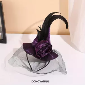 DONOVANQQ Halloween Mũ Phù Thủy, Gấp Satins Retro Veil Mũ Phù Thủy, Thiết Kế Lông Vũ Sáng Tạo Cosplay Đạo Cụ Ảnh Đen Mũ Phù Thủy Trang Phục