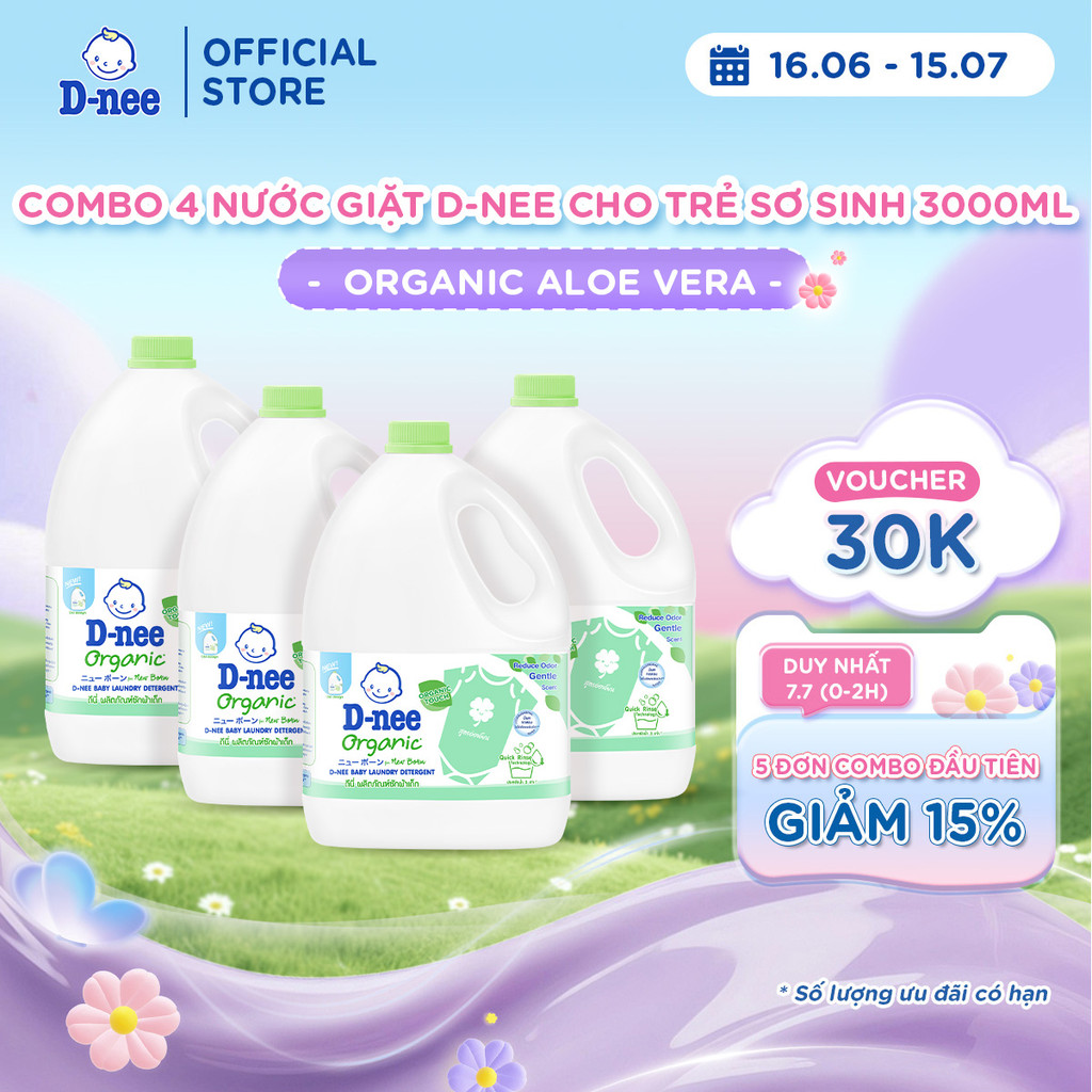 Combo 4 Nước giặt quần áo D-nee 3000 ML/Can - Organic Aloe Vera