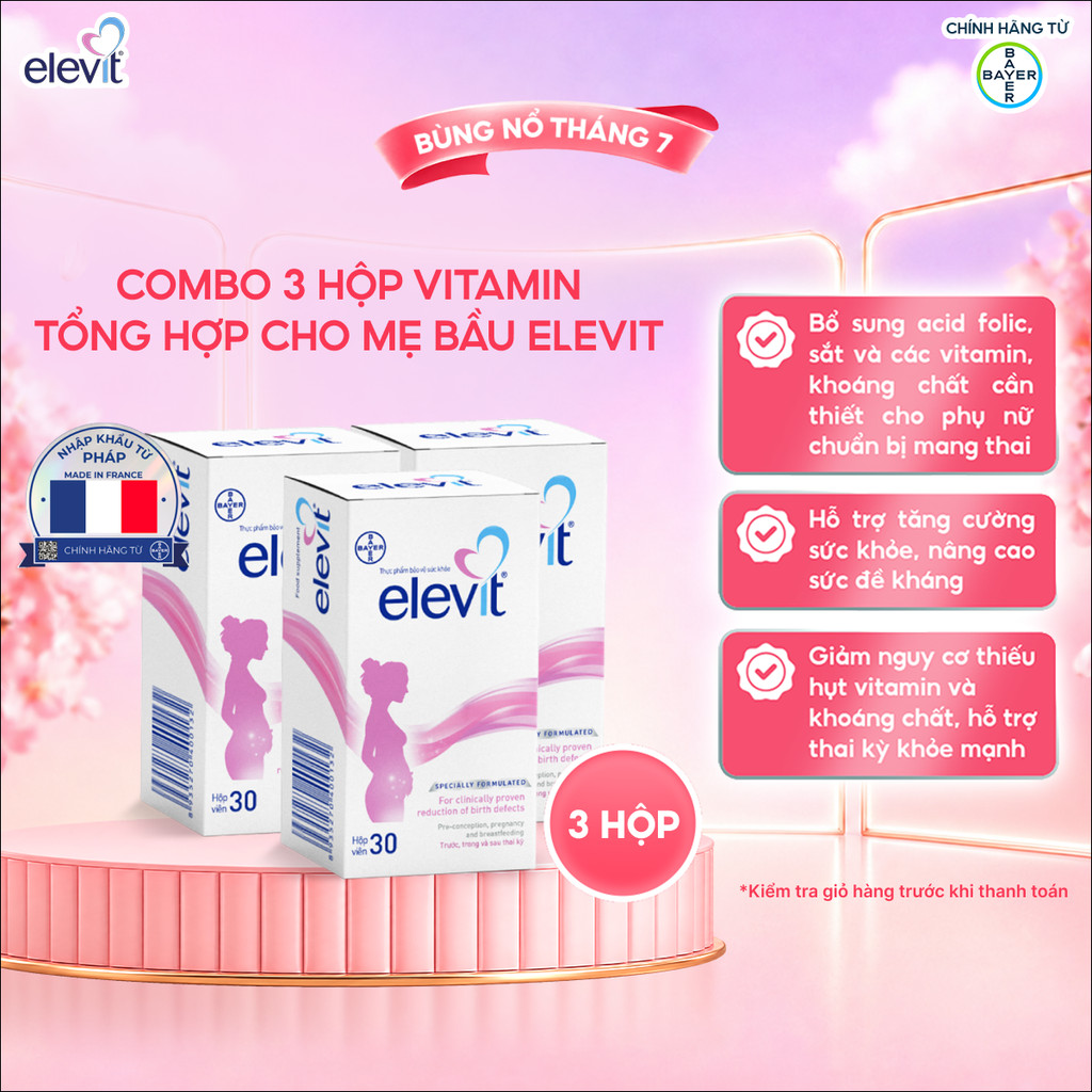 Bộ 3 Thực phẩm bảo vệ sức khỏe Elevit bổ sung Acid Folic, Sắt, Canxi, Các Vitamin và Các khoáng chất (30 Viên/Hộp)
