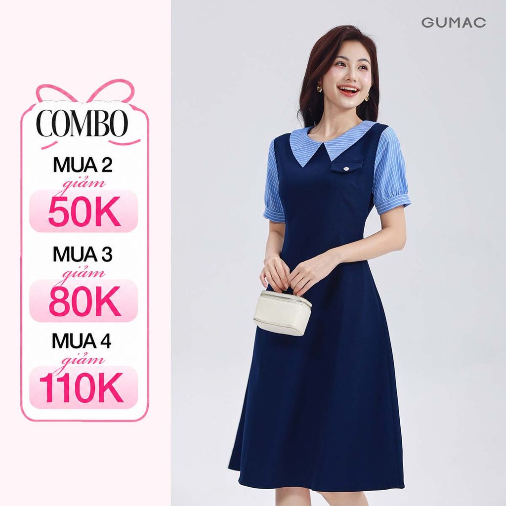 Đầm Nữ Dáng A Xòe GUMAC Phối Cổ Bẻ Sọc Xanh Tiểu Thư Thanh Lịch LDF0904