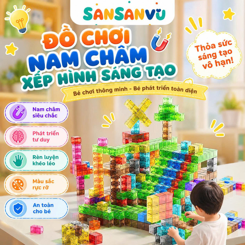 Combo 50/100 Khối Nam Châm Xếp Hình Khối Xây Dựng Mô Hình Sansanvu Giáo Dục Cho Trẻ Em