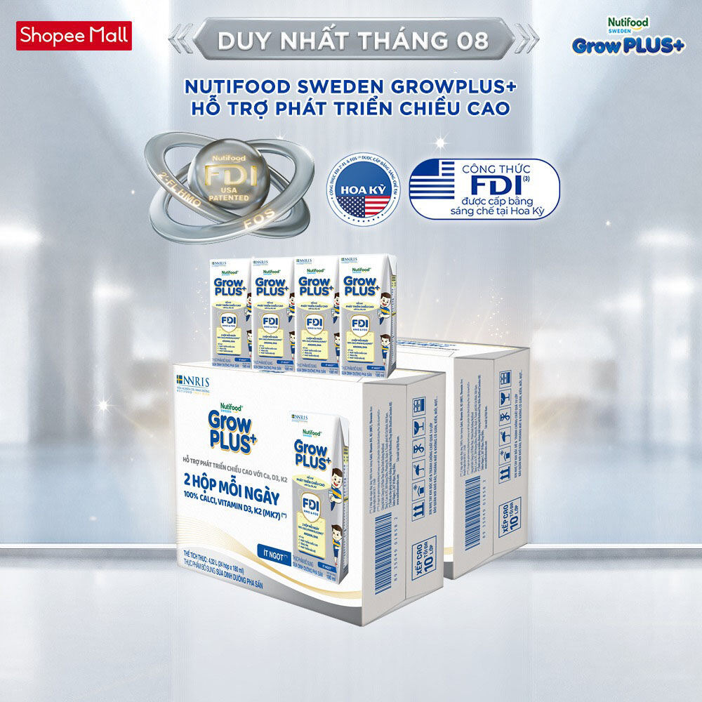 [Livestream Lucie] Combo 2 Thùng 24 Hộp Sữa Bột Pha Sẵn Nutifood Sweden GrowPLUS+ Cao lớn vượt trội hộp 180 ml