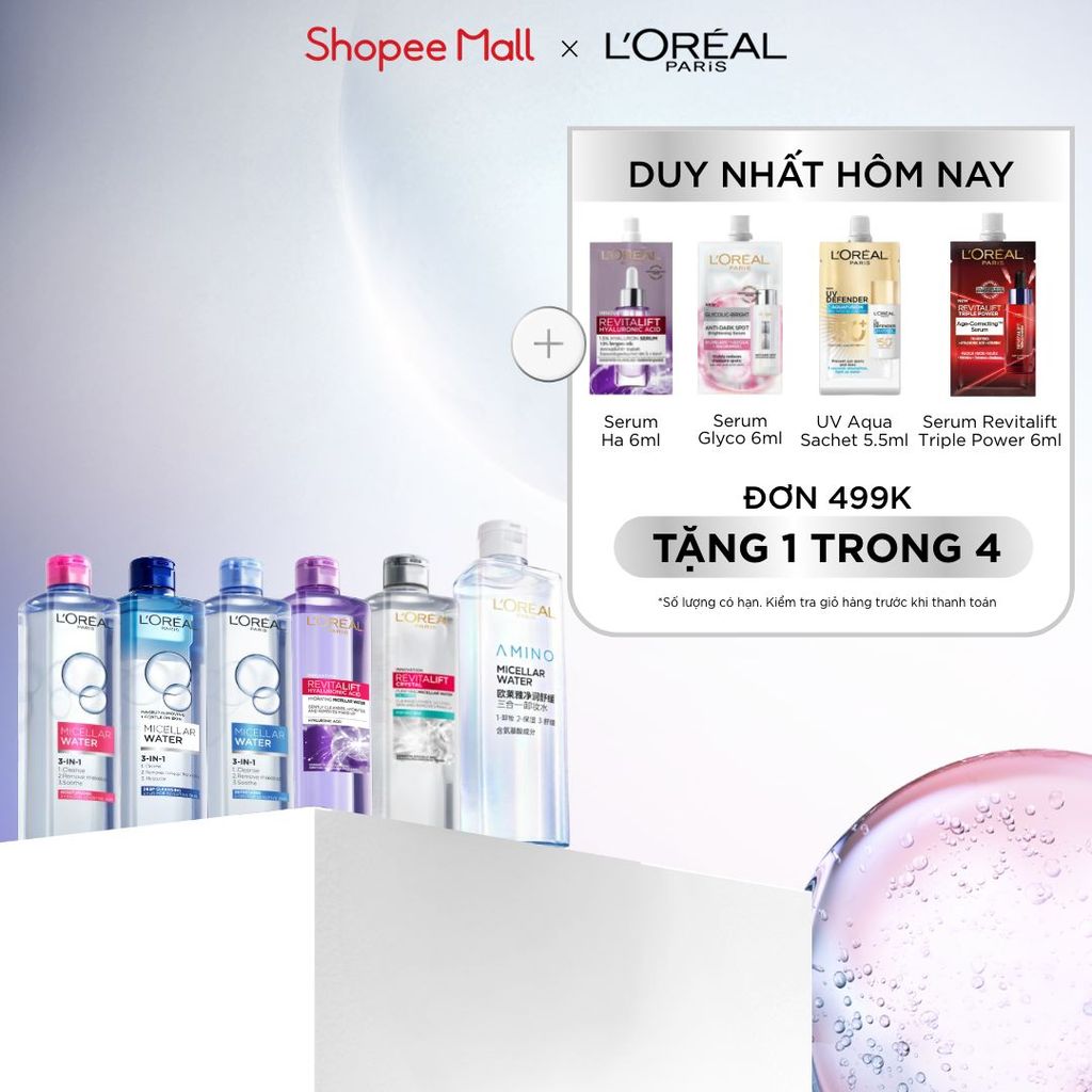 [AMINO MICELLAR MỚI] Nước tẩy trang làm sạch sâu, loại bỏ bụi bẩn & trang điểm 3-in-1 L'Oreal Paris Micellar Water 400ml