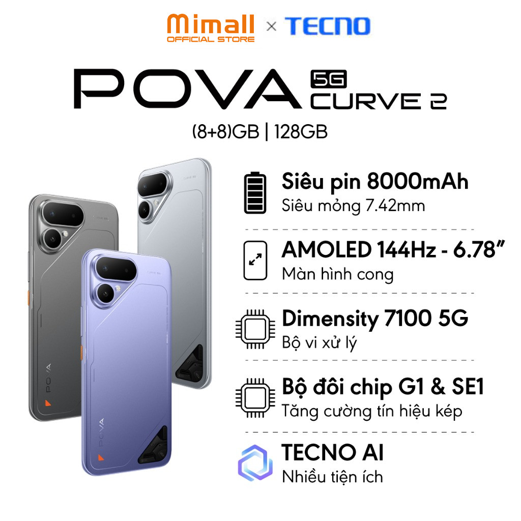 Điện thoại TECNO POVA Curve 2 5G (8+8)GB/128GB - Siêu Pin 8000mAh | Siêu Mỏng | Màn cong AMOLED 144Hz | Dimensity 7100
