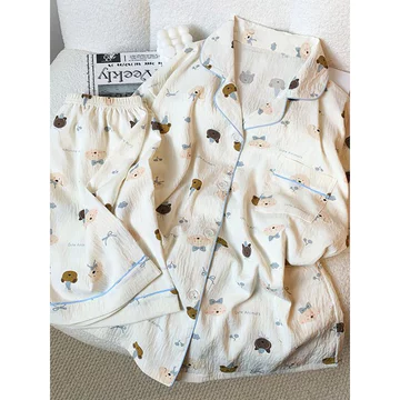 đồ ngủ nữ đồ ngủ nữ pyjama Bộ đồ ngủ 100% cotton dễ thương cho chó con, quần dài ngắn tay cotton mây mùa hè cho nữ, bộ đồ ba mảnh, đồ mặc nhà mùa xuân và mùa thu hoạt hình