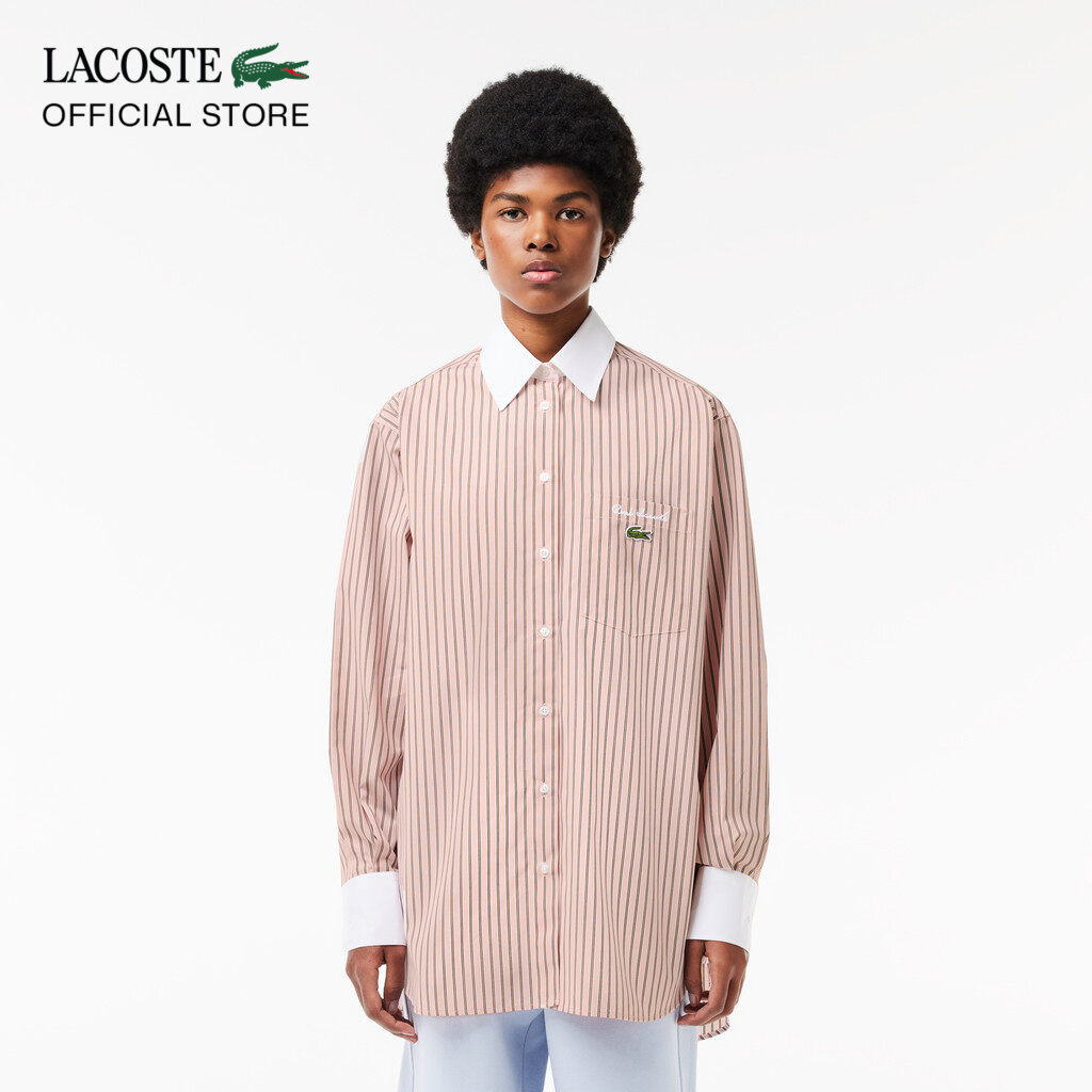 Áo Sơ Mi Lacoste Nữ Dài Oversize Cổ Phối Màu Chất Liệu Poplin