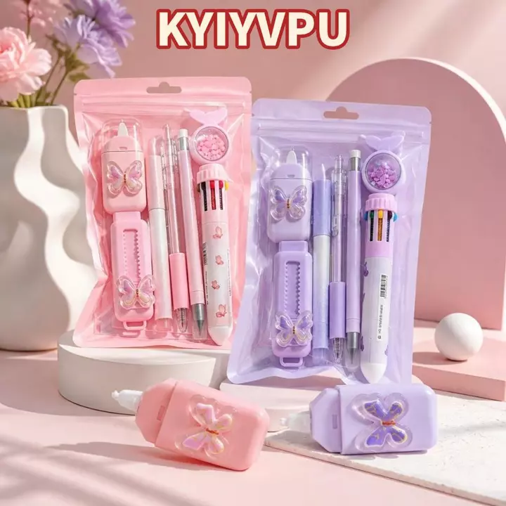 Bộ văn phòng phẩm KYIYVPU, Bộ văn phòng phẩm 7 trong 1, Bộ văn phòng phẩm theo chủ đề bướm thực tế Văn phòng phẩm hoàn chỉnh Giấy dán Ghi chú trở lại trường học