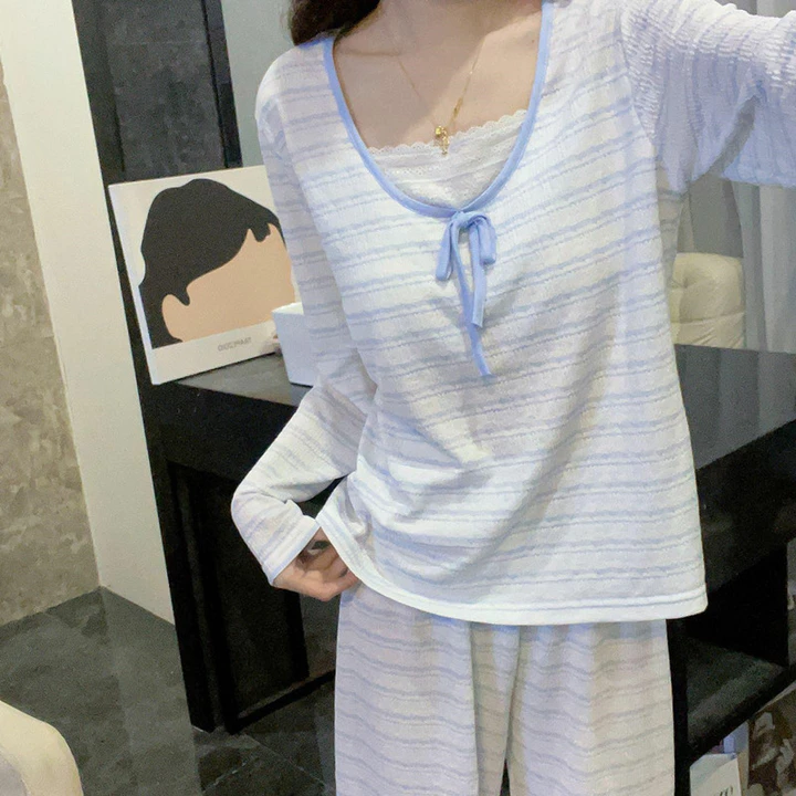 set thu đông nữ set đồ ngủ dài Bộ đồ ngủ mẫu mới 2026 nữ mùa xuân thu dài tay 100% cotton mẫu mỏng có đệm ngực bộ đồ mặc nhà thiếu nữ sọc dễ thương