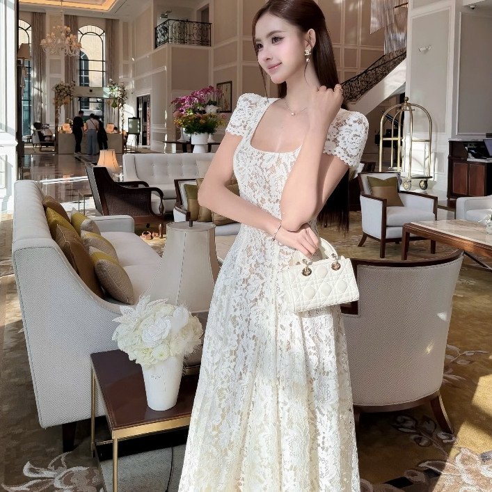 Đầm Ren Cổ Vuông Form Dài Xòe Sang Trọng Dự Tiệc – Váy Ren Nữ Cao Cấp Tiểu Thư Thanh Lịch Tôn Dáng