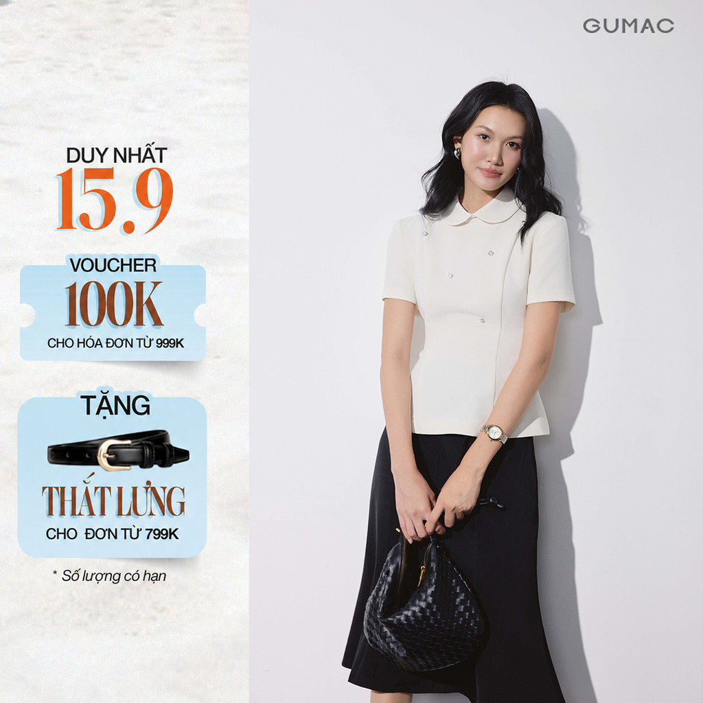 Áo Kiểu Peplum Nữ GUMAC Tay Ngắn Cổ Sen Đính Nút Kiểu Dây Kéo Giọt Nước Thanh Lịch Công Sở LAG09083