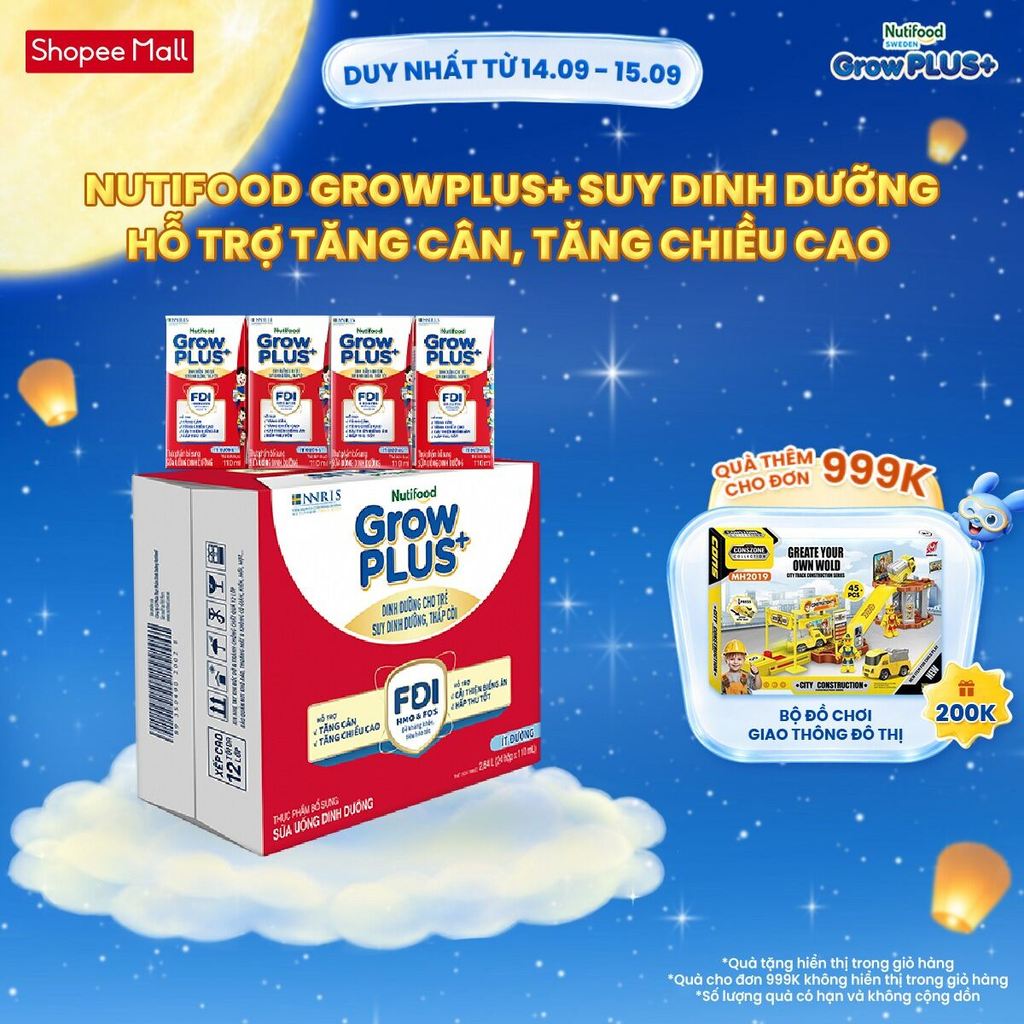 Thùng 24 hộp SBPS Nutifood GrowPLUS+ Suy Dinh Dưỡng (Đỏ) Ít đường 110ml - Tăng Cân, Tăng Chiều Cao (Bao bì tùy lô hàng)