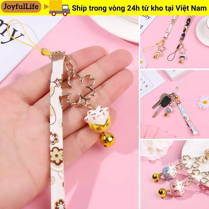 JOYFULLIFE Chuông Mèo May Mắn Sakura Dây Điện Thoại Dây Treo Điện Thoại Phong Cách Nhật Bản Mặt Dây Đeo Điện Thoại Dây Chuông Hoa Anh Đào Dây Treo Dây Đeo Điện Thoại Dây Buộc