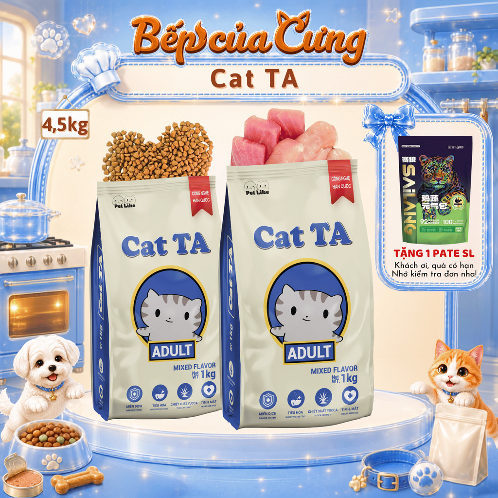 Hạt Mèo Cat TA 4.5KG Vị Gà Tây & Cá Ngừ Công Thức Giúp Lông Óng Mượt Hạn Chế Rụng Lông –Bếp Của Cưng