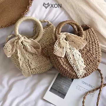 [XON] Túi rơm dệt mây nửa vòng thủ công Túi cói nữ mùa hè Túi cói nữ Túi xách đi biển nhỏ [Mina]