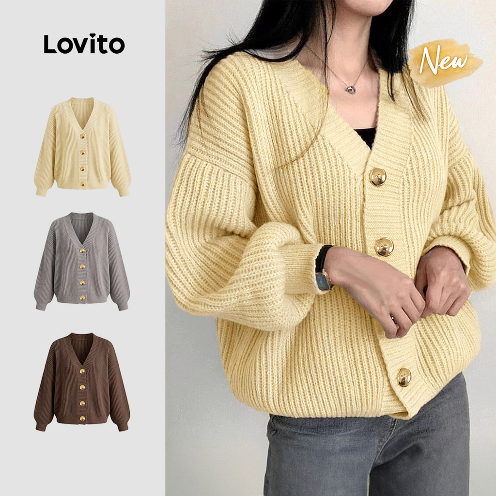 (New Arrival) Lovito  Áo khoác cardigan thường ngày cài nút phía trước xếp ly màu xám mùa thu/mùa đông cho nữ CDNS149P1D468
