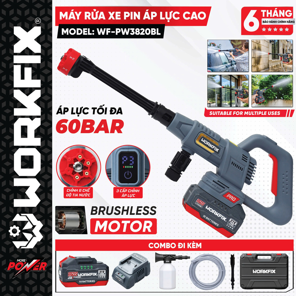 Máy rửa xe pin Workfix WF-PW3820BL motor Brushless gọn nhẹ