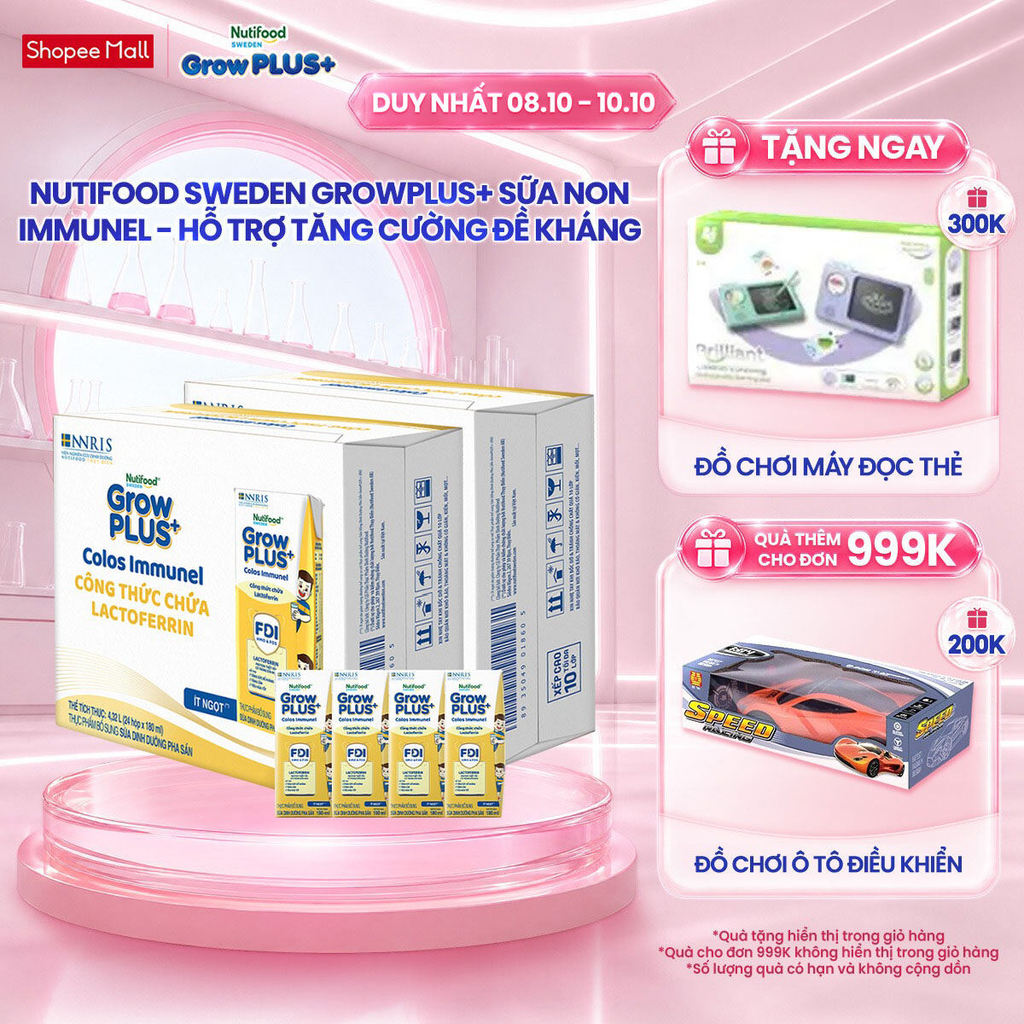 Combo 2 Thùng 24 hộp Sữa Bột Pha Sẵn Nutifood Sweden GrowPLUS+ Sữa Non Immunel hộp 180 ml (Bao bì tuỳ lô hàng)
