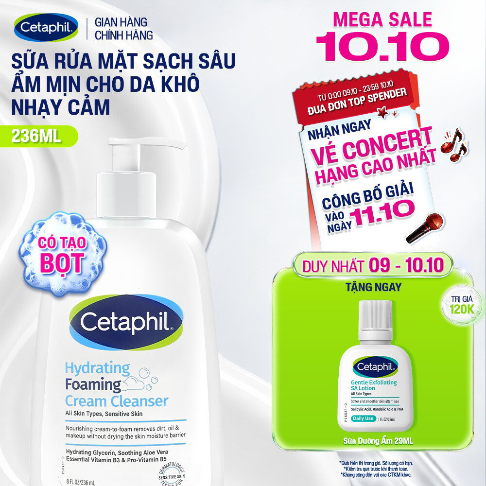 Sữa rửa mặt tạo bọt dịu lành cho da khô nhạy cảm Cetaphil Hydrating Foaming Cream Cleanser 236ml