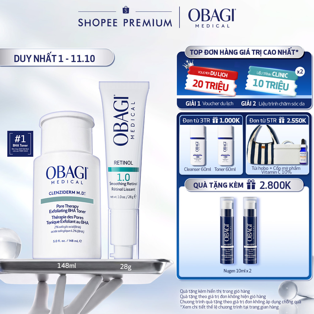 Bộ đôi dưỡng da Toner BHA Giảm Mụn Obagi Clenziderm M.D 148ml và Kem Dưỡng Đêm Obagi Retinol 1.0 (28g)