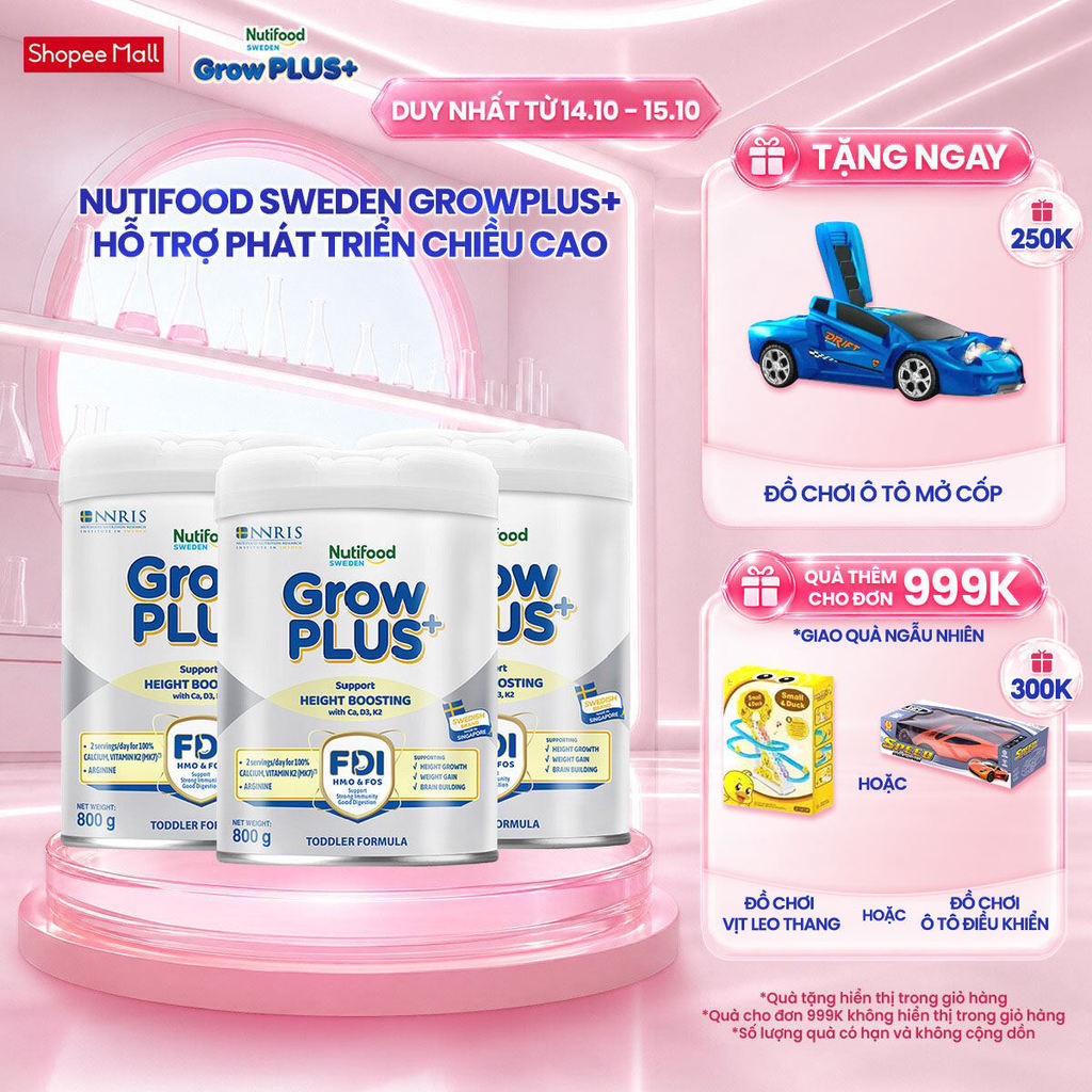 Combo 3 Sữa Bột Nutifood Sweden GrowPLUS+ Cao lớn vượt trội (Bạc) 800g