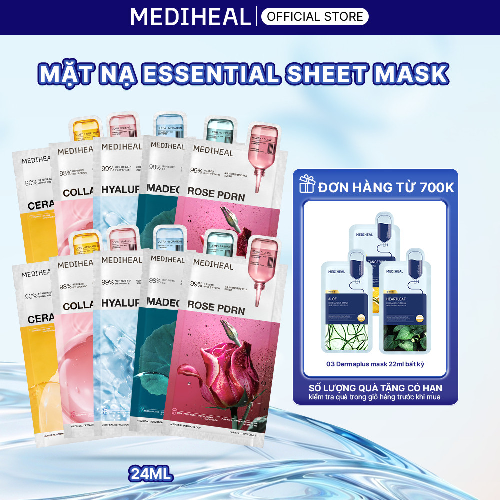 Combo 10 MEDIHEAL Mặt Nạ Essential Sheet Mask - Cấp Ẩm, Hỗ Trợ Làm Dịu & Phục Hồi Da 24ml - FS